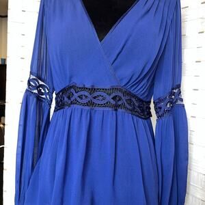 Max Studio XS 100% Silk Blue peplum boho long Sleeve Blouse back tie